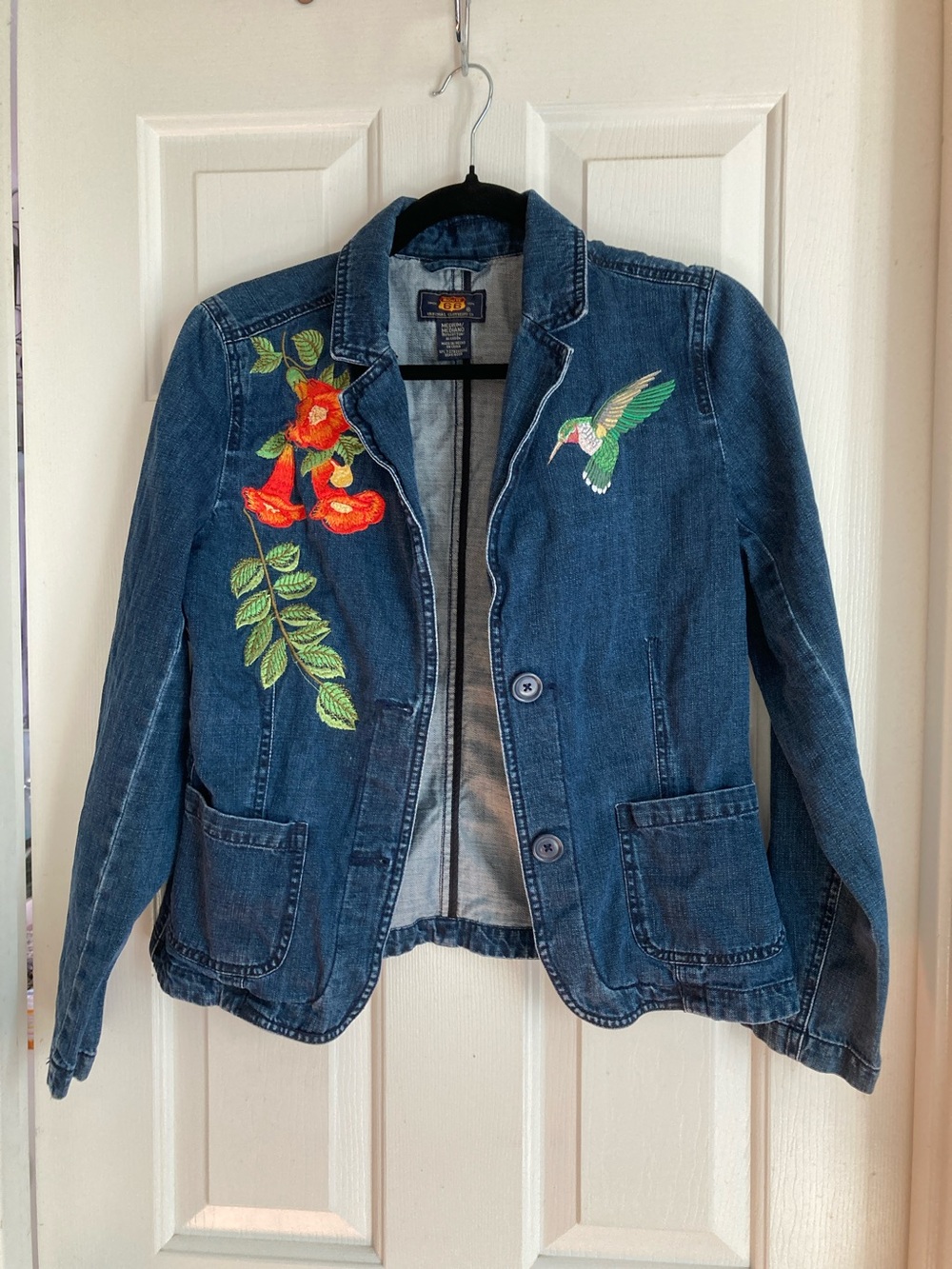 Route 66 Blue Denim Jacket with Embroidered Hummingbird & Floral Accents